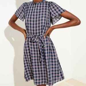 LOFT Plaid Ruffle Neck Dress, XS.
